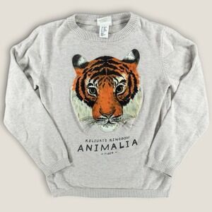 H&M x Kelzuki Animalia Tiger Sweater Kids Size 6-8Y Beige Cotton Knit Pullover